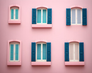 window wooden shutters on pastel pink tones, painted walls, background, pale european style. generative AI