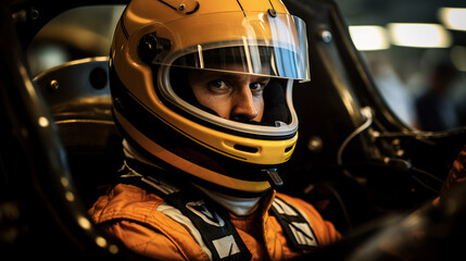 A race car driver in a racing suit sitting in a cockpit . 