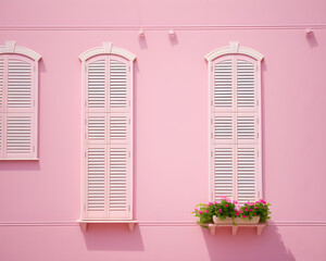 window wooden shutters on pastel pink tones, painted walls, background, pale european style. generative AI