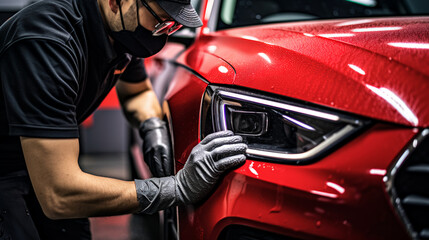 A detailer using a clay bar to remove contaminants from a car's paint.