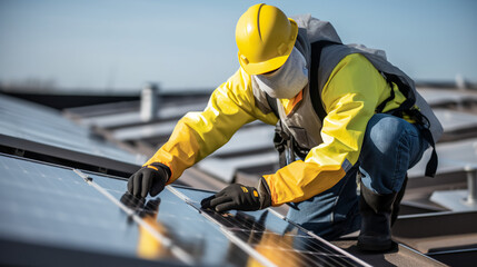 A person in protective gloves and a face mask cleaning solar panels 