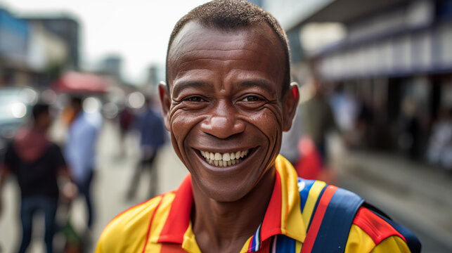 A Colombian man smiling wearing the Colombia shirt. 