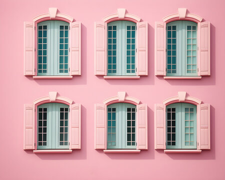 window wooden shutters on pastel pink tones, painted walls, background, pale european style. generative AI