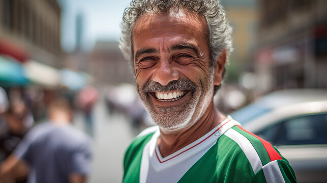An Italian man smiling wearing the Italy shirt.