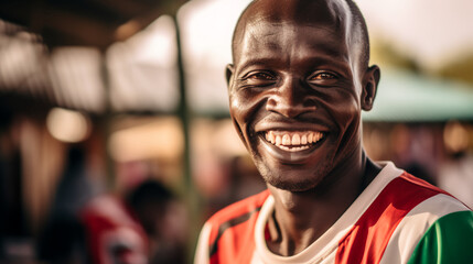 A Kenyan man smiling wearing the Kenya shirt. 