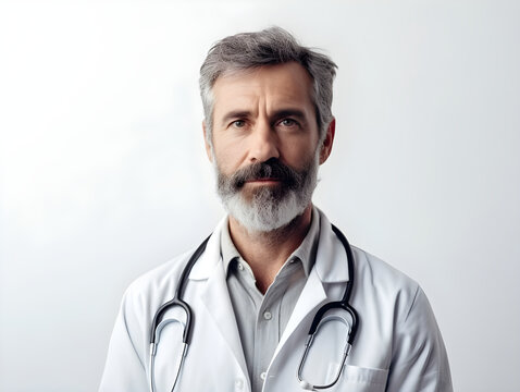 Portrait of Senior doctor man wearing coat and stethoscope standing over isolated white background