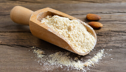 almond flour high in protein, low in carbohydrates, low in sugars and gluten free - a rustic wooden scoop on grained wood background
