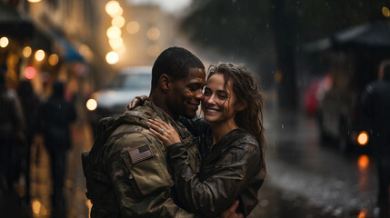 a soldier smiling at his girlfriend hugging him - Powered by Adobe