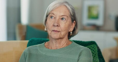 Face, thinking and senior woman on a sofa with dementia, memory loss or Alzheimer in a nursing home. Old age, anxiety and elderly female with depression, crisis or lonely, grief or nostalgic stress