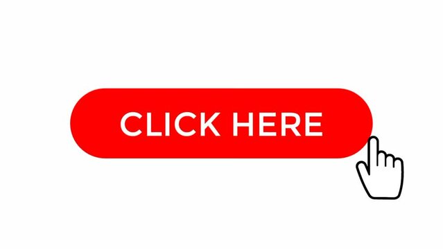 Click here the red button by clicking the hand pointer. 2d animation isolated on white background.