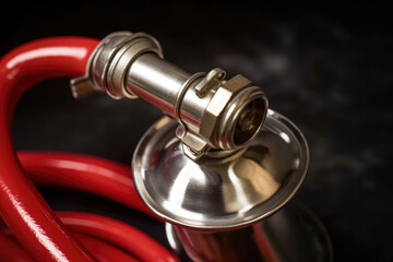 A close-up shot of the metal valve of a fire extinguisher, with a partially twisted handle, ready to be used to put out a fire