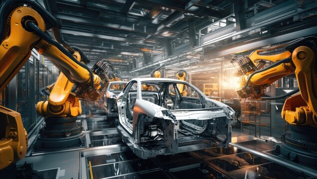 manufacturing factory with car assembly robots work on the assembly line Generative AI