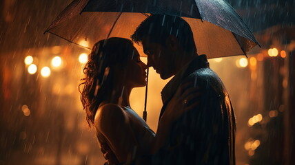 Obraz na płótnie Canvas romantic couple sulletthe with umbrella in rainy weather evening city