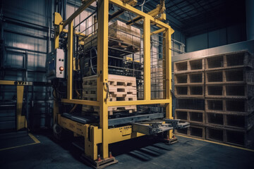 Behind the scenes of industrial logistics: A macro shot of a palletizer in a warehouse