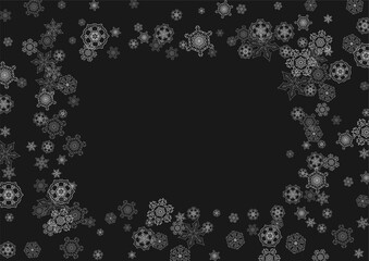 Silver snowflakes frame on black background. Horizontal shiny Christmas and New Year frame for gift certificate, ads, banners, flyers. Falling snow with glitter silver snowflakes for party invite