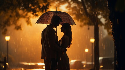 romantic couple sulletthe with umbrella in rainy weather evening city