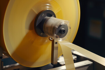 Close-up image of a spool of industrial tape being fed into a high-speed industrial packaging machine, ready to seal boxes at an impressive rate