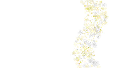 Gold snowflakes frame on black background. New year theme. Horizontal shiny Christmas frame for holiday banner, card, sale, special offer. Falling snow with gold snowflake and glitter for party invite
