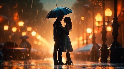 romantic couple sulletthe with umbrella in rainy weather evening city