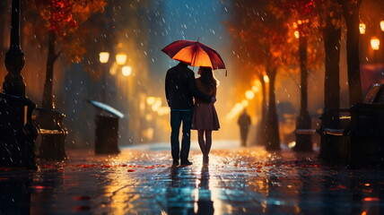 romantic couple sulletthe with umbrella in rainy weather evening city