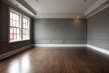 Minimal empty room with gray wall on background. Classical empty room interior. The rooms have wooden floors and gray walls