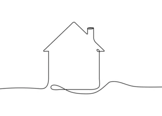Fotobehang Een lijn Continuous thin line home vector illustration. Single continuous line drawing of a luxury house in a big cit minimalist house icon.