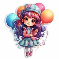 Fototapeta premium Cute 3D girl with balloon sticker for Kids