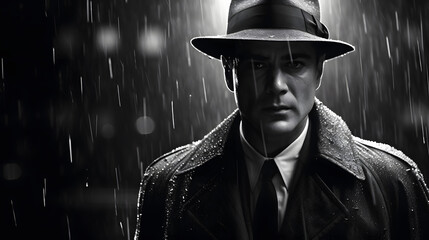 Noir movie, portrait of 40s detective standing under the rain
 - obrazy, fototapety, plakaty