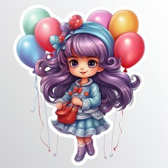 Cute 3D girl with balloon sticker for Kids