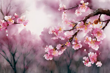 Pink Petals of Spring: Stunning Watercolor Style Illustration of Cherry Blossom Sakura Flowers on The Trees Backdrop Generative Ai