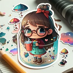 Cute 3D girl with sunglasses on glass sticker