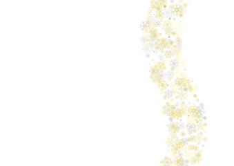 Gold snowflakes frame on white background. New year theme. Horizontal shiny Christmas frame for holiday banner, card, sale, special offer. Falling snow with gold snowflake and glitter for party invite