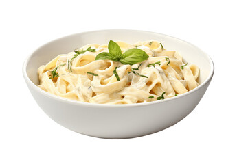 Bowl of fettucini alfredo with garnish isolated on transparent background. PNG file, cut out