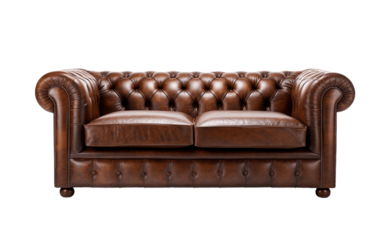 Brown leather chesterfield sofa isolated on transparent background. PNG file, cut out
