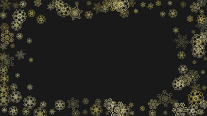 Gold snowflakes frame on black background. New year theme. Horizontal shiny Christmas frame for holiday banner, card, sale, special offer. Falling snow with gold snowflake and glitter for party invite