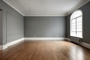 Minimal empty room with gray wall on background. The rooms have wooden floors and gray walls
