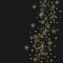Glitter snowflakes frame on black background. Winter window. Shiny Christmas and New Year frame for gift certificate, ads, banners, flyers. Falling snow with golden glitter snowflakes for party invite