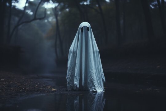 White sheet ghost costume. Ghost Challenge. Halloween concept. Background with selective focus and copy space