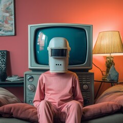 A cute little pastel futuristic robot in his vintage house, a sci-fi portrait. Pastel abstract background. Illustration. Generative AI.