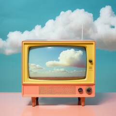 Retro TV on blue wall background with clouds. Abstract modern styling, technological clothing. Illustration, Generative AI.