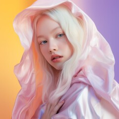 Fototapeta premium Love, beautiful girl portrait in pastel colors. A symbol of youth, happiness and freedom. Concept of pastel colors and creative poses. Generative AI