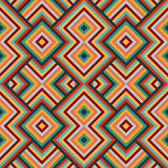 Bright seamless pixel pattern in Mexican style. Vivid tribal geometric triangles and squares ornament. Aztec rug background.