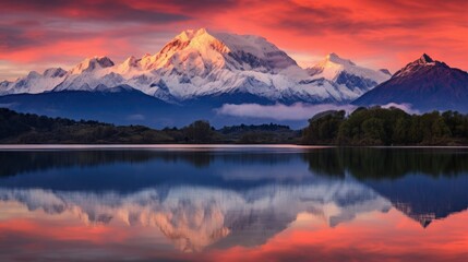 Snow-Capped Mountain Peaks and Lake at Sunset