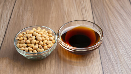 Soy sauce in glass bowl with soybeans isolated on wooden table background.