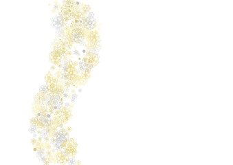Gold snowflakes frame on white background. New year theme. Horizontal shiny Christmas frame for holiday banner, card, sale, special offer. Falling snow with gold snowflake and glitter for party invite