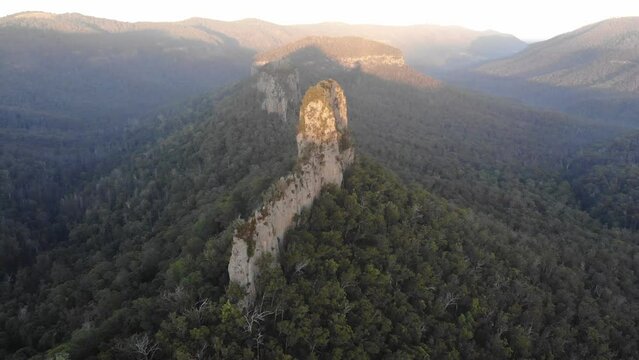 aerial drone panorama of famous steamers mountains in  main range national park, queensland, australia; unique scenery near mount superbus on the border with new south wales; stern, mast and funnel
