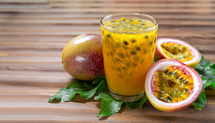 Passionfruit juice in glass and fresh passion fruit with green leaf isolated on wooden table...