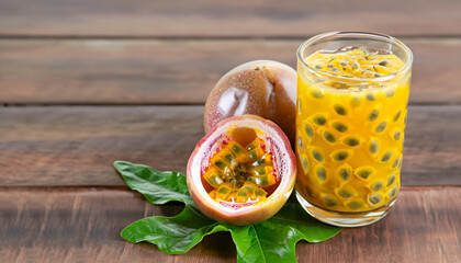 Passionfruit juice in glass and fresh passion fruit with green leaf isolated on wooden table...