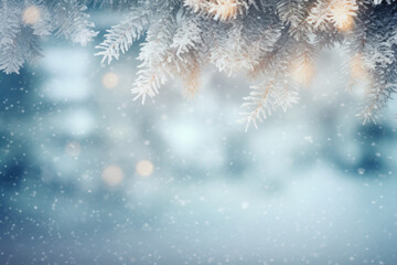Fototapeta na wymiar Christmas background. Xmas tree branch with decorations and lights. Holiday festive background Generative AI