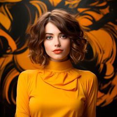 Portrait of beautiful young woman. yellow background.